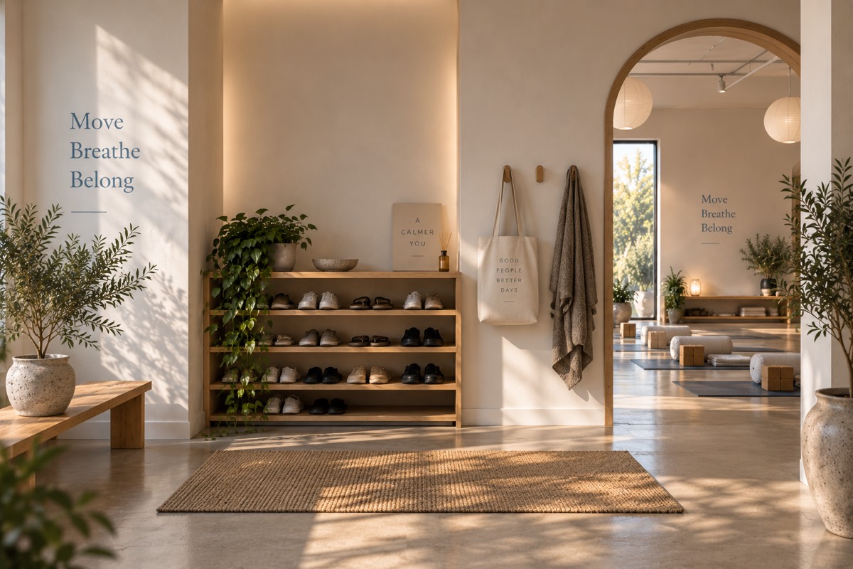 The entry, with a low shoe shelf and the archway through to the room.