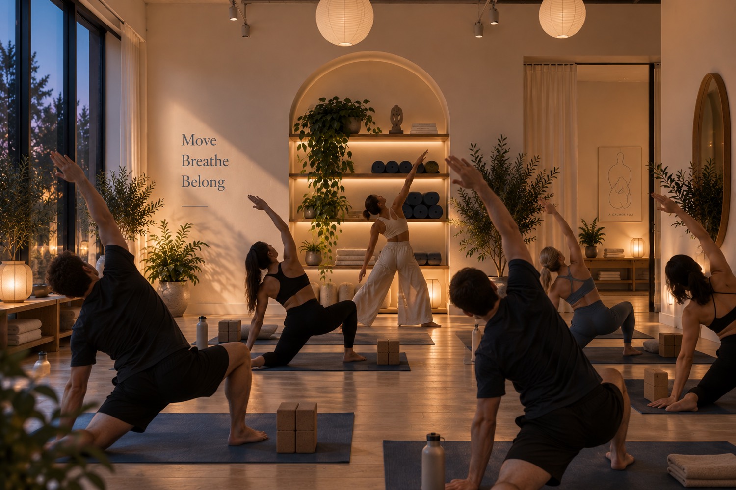 An evening class mid pose, lamps low and the room full.