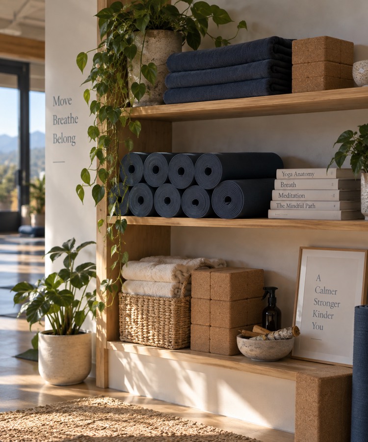 A timber shelf of rolled mats, cork blocks, folded blankets and books.