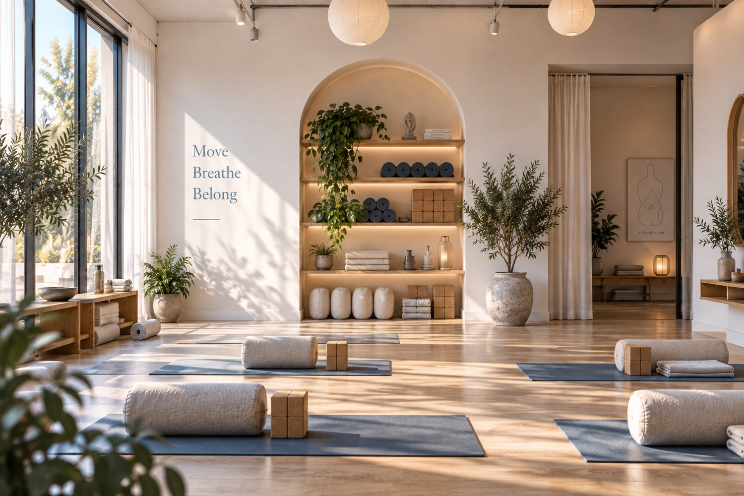 The main room looking toward the windows, mats spaced in even rows.