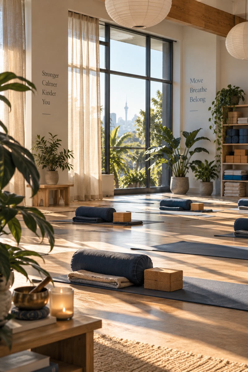 The studio in early light, mats and bolsters laid out along the floor.